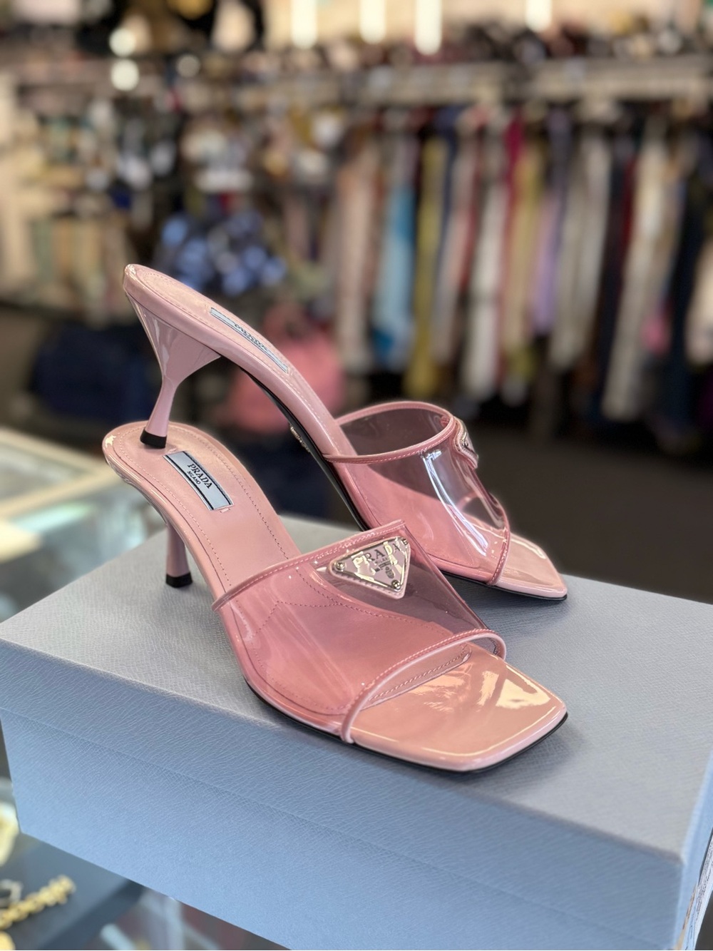 Prada Pink Patent Slide Mules with Triangle Logo - Picture 6 of 8